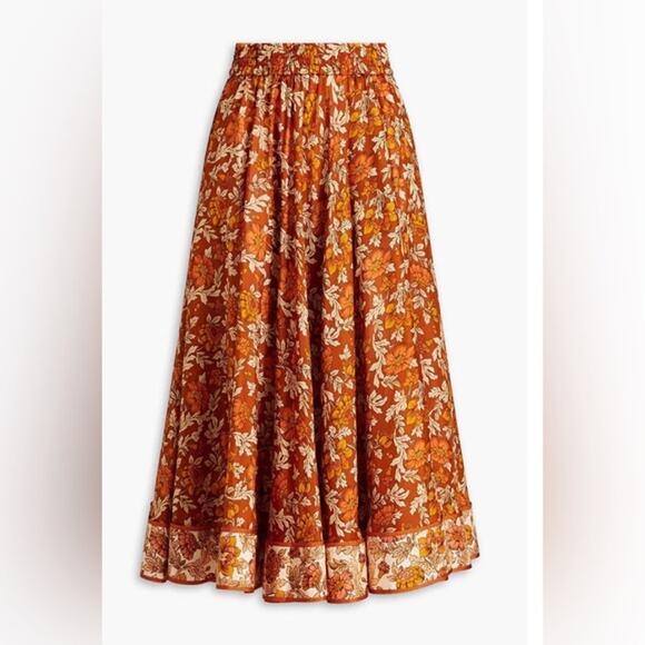Zimmermann Andie Swing Gathered Floral Print Silk Midi Skirt Orange Beige Multi - Picture 3 of 14